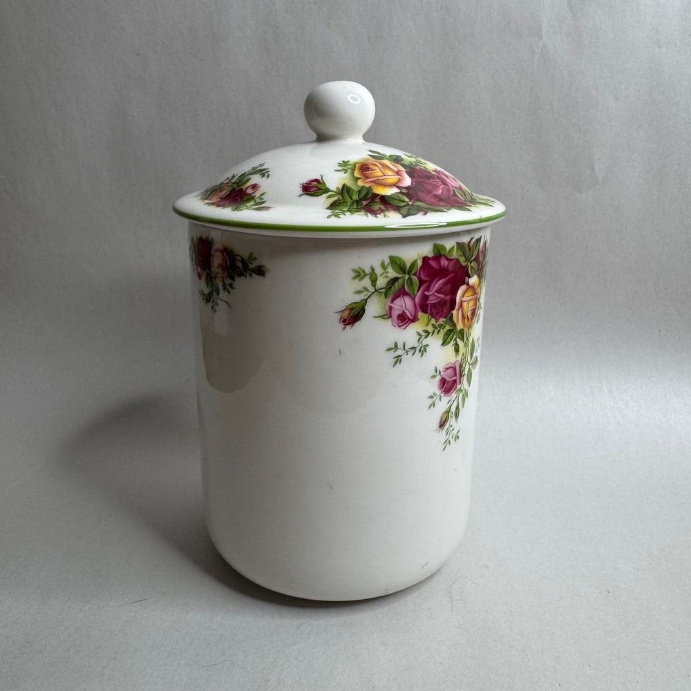 Royal Albert Old Country Roses Ceramic Canister Jar with Lid Floral Green Trim